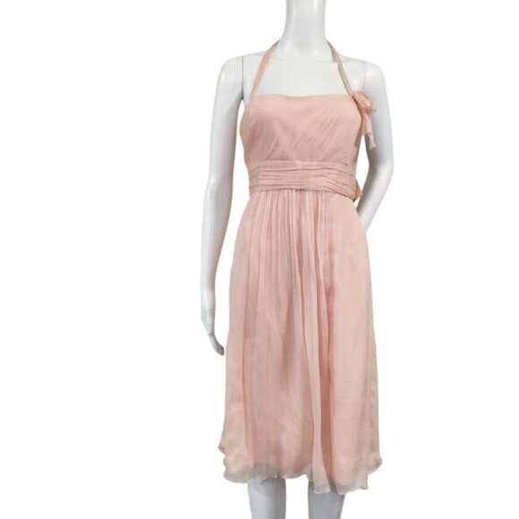Amsale Wedding Whimsy Flirty Fit Flare Halter Blouson Silk Dress Blush Womens 10 - Picture 2 of 12